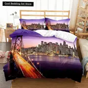 v1732 Bed Sheets Cityscapes King Queen Duvet Cover Tall Buildings Landscape Bedding Set Busy Traffic View Quilt Cover Polyester Comforter Cover 3-Piec