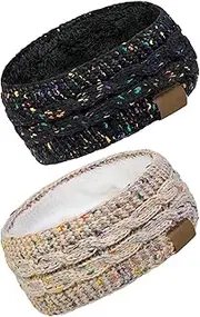 [GENERIC] Confetti Winter Cable Knit Headbands Women Knitted Headbands Twist Lining plus Velvet Chunky Elastic Thermal Headbands, Head Wrap Winter Ear Warmer Girls Ladies (Black+color, beige+color)