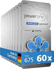 Power One Hearing Aid Batteries Type 675 Blue, Batteries Pack of 60, Wireless Approved, Size p675 for Hearing Aids and Hearing Aids, High Hearing Level, Mercury-Free, Made in Germany