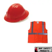 Red Full Brim Safety Hard Hat with Hi-Vis Orange Vest Construction