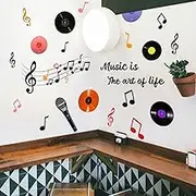 Music Wall Decals, Vinyl Record and Musical Notes Design, Removable Waterproof Adhesive Stickers for Bedroom Home Background Decoration