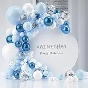 Blue Balloon Garland Arch Kit, 109 Pcs Macaron Blue Confetti & Metallic White Silver Balloons for Kids Boy's Birthday Party Men Wedding Graduation Decoration Supplies