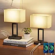 Lulumos Bedside Lamp Set of 2, Table Lamp with USB C & A Charging Ports, 3 Way Dimmable Touch Lamp with Square Fabric Shade and Led Bulbs, Nightstand Light for Home Office Bedroom（2 Pack）