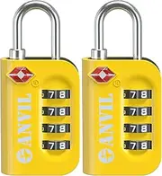 [Anvil] TSA Luggage Locks (2 Pack) - 4 Digit Combination Steel Padlocks - Approved Travel Lock for Suitcases & Baggage (Yellow 2 Pack)