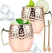 Mix Moscow Mule Mugs Set of 2 Cups Versatile Moscow Mule Mugs Healthy Hammered Cups with Handle and Straw Spoon Moscow Mugs for Home (A)