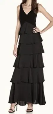 AIDAN MATTOX Black Jersey Bodice Satin Ruffle Tier Skirt Long Dress NWT Womens 4