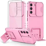 Asuwish Phone Case for Samsung Galaxy S22 5G with Tempered Glass Screen Protector and Slide Camera Cover Kickstand Stand Slim Protective Mobile Cell Accessories S 22 22S 4G G5 6.1 inch Women Men Pink