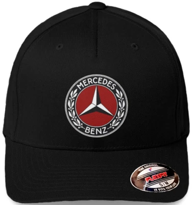 Mercedes Benz Old Logo Black Hat Flexfit Baseball Cap Printed Emblem S/M & L/XL