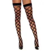 Big Diamond Net Thigh Highs Multi String Stockings Solid Band Top Black 12151