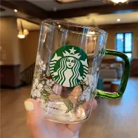 在飛比找蝦皮商城精選優惠-✨星巴克水杯✨ 韓國星巴克杯子 綠色把手梨花玻璃杯 印花圓形