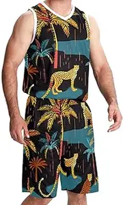 [KQNZT] Basketball Jerseys Shorts Sport Set, Basketball Jersey for Women, Hip hop Clothing for Party, Tropical Jungle Leopard Palm Leaves
