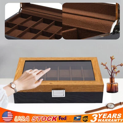 12 Slots Vintage Wooden Watch Box Organizer Watch Display Case with Glass Top