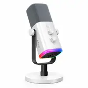 Dynamic Microphone for Podcast Recording,PC Computer Gaming Streaming Mic with RGB Light,Mute Button,Headphones Jack,Desktop Stand,White