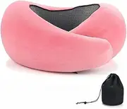 Travel Neck Pillow, Memory Foam Travel Pillow, 360 Degree Comfort and Breathable, Stowable U-Shaped Pillow Neck & Head Support, Portable Pillows for Airplane, Cars, Office (Pink, Velcro)