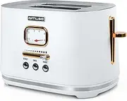 [Muse] Stainless Steel Toaster in White Retro Design, Analogue Display, Illuminated Buttons, 6 Browning Levels, 2 Slices, MS-130 W, Vintage Look, with Crumb Drawer