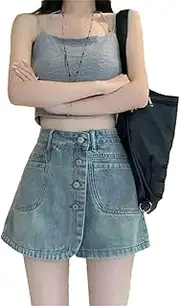 [Generic] Women's High Waist Denim Shorts Summer A-Line Mini Culottes Single Breasted Streetwear Shorts