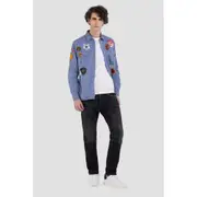 Replay Mens Plain Shirt Twill Long Sleeve w/ All-Over Patch Blue