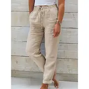 Women's Cotton Linen Pants Chinos Pants Trousers Basic Casual Long High Waist Plain Pocket Elastic Drawstring Design High Cut Breathability Soft Micro-elastic