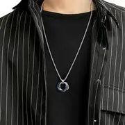 Interlocking Ring Pendant Necklace Titanium Steel Pearl - Necklace - Blue - 60cm