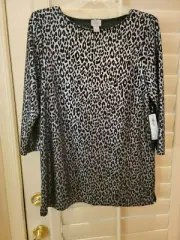NWT CHICO'S EASYWEAR GRAPHIC LEOPARD SHIMMER 3/4 SLEEVE TUNIC SIZE 1 (8-10 M)