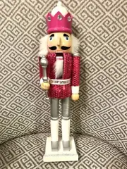 New Sequined Hot Pink Solider Christmas Decor Nutcracker. Wooden. 15” Tall.