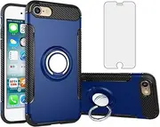 Phone Case for Apple iPhone 7/8 with Tempered Glass Screen Protector Cover and Stand Ring Holder Slim Hybrid Hard Cell iPhone7 iPhone8 i Phone7case Phone8case Phones8 i7 i8 7s 8s Cases Men Boys Blue