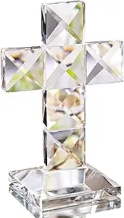 QFkris Crystal Cross Traditional Standing Cross On Base Clear 5'' Tall Glass Tabletop Cross Figurine Christian Decor