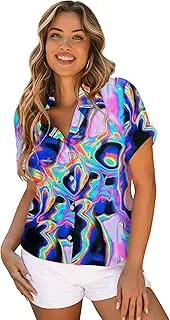 [tiorhooe] 80s 90s Hawaiian Shirt for Women Summer Retro Hawaiian Short Sleeve Shirts Ladies Vintage Button Down Tops