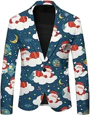 [Generic] Mens Ugly Christmas Blazer Jackets Xmas Suit Jackets Lapel Party Jacket Blazer Xmas Tuxedo Jacket for Prom Wedding, Navy-19, XX-Large