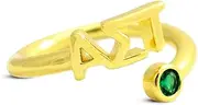 [Sorority Shop] Alpha Sigma Tau Ring- 18k Gold-Plated Wraparound Ring with Green Gemstone and Alpha Sigma Tau Greek Letters, Sorority Jewelry Gift, Brass with gold plating, Cubic Zirconia