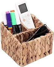 Wicker Desk Organizer Divided Storage Basket Water Hyacinth Remote Control Holder,Hand Woven Cosmetic Storage Boxwith 3 Compartments,Decorative Remote Control Basket for Desktop Organizing