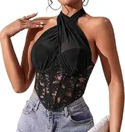 [Generic] Women's Mesh Criss Cross Wrap Tie Knot Crop Halter Top Floral Lace Corset Top