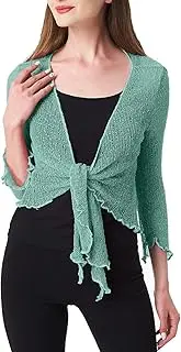 [Prime Fashions] Womens Plain Fish Net Bolero Shrug ¾ Long Sleeves Tie up Knitted Cropped Cardigan Top Lightweight Stretchy Open Blouse for Summer One