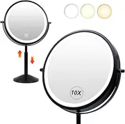 9"Lighted Makeup Mirror, TUSHENGTU 10X/ 1X Black Magnifying Makeup Vanity Mirror with Lights, Height Adjustable Rechargeable Makeup Mirror with Lights LED, 360°Double Sided Mirror with 3 Color Lights