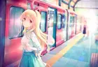 Anime girls train blonde red eyes long hair hoshimiya CCG Gaming Mat Desk