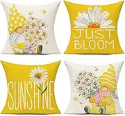 All Smiles Outdoor Yellow Throw Pillow Covers 18x18 Set of 4 Spring Summer Decorative Cushion Cases Home Décor Decorations for Patio Couch Chair Sofa,Daisy Floral Gnomes
