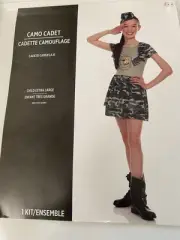 NEW Camo Army Cadet Camouflage Girl's Halloween Costume Hat & Dress XL 10-14