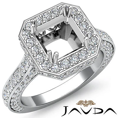 Halo Pave Setting Asscher Semi Mount Diamond Engagement Ring 18k White Gold 1.7C
