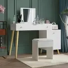 Dressing Table Set Makeup Dresser with Flip Top Mirror Adjustable Side Cabinet C