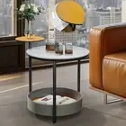 3-Tier Marble and Saddle Leather Coffee Table with Storage Side Table Steel Legs