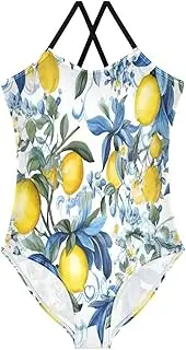 [RPLIFE] Kids Swim Suits Beach Bathing Suits Girls 3-10 Y with Adjustable Shoulder Strap, Yellow Lemons Blue Flowers