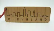 Lucca Wood Burned Cleveland Ohio Souvenir Skyline Ornament Leather Loop New
