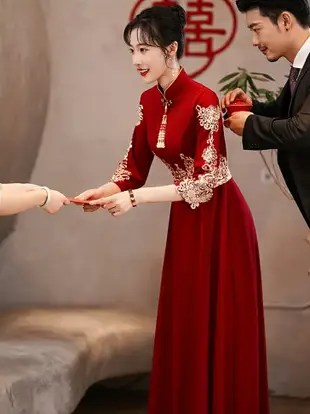 中式旗袍敬酒服新娘冬季結婚紅色禮服女回門訂婚連衣裙秀禾高級感