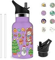 Grsta Children's Drinking Bottle, 350 ml Stainless Steel Drinking Bottle, Leak-Proof with Straw, Drinking Bottle Suitable for Children, Carbonated Drinks, BPA-Free, for School/Office/Cafe, Purple