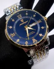 POEDAGAR Men's Quartz Watch Day Date Two-Tone Blue Dial/Crystal Markers, New!