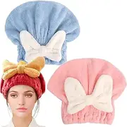 Super Absorbent Hair Towel Wrap for Wet Hair, 2/4 Pcs Microfiber Hair Towel Wrap, Bow-Knot Button-Free Coral Fleece Dry Hair Hat, for Wet Hair Long Thick Curly Hair (Blue+Pink)