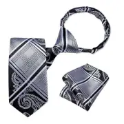 Boys Adjustable Tie and Pocket Square Pre-tied Zipper Black and White Plaid