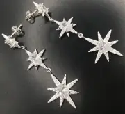 Long sparkly star drop earrings, solid sterling silver, evening, gift box. New.