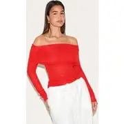 Tomato Red Sheer Soft Touch Fold Over Detail Bardot Long Sleeve Top, Tomato Red