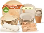 140-Piece Biodegradable Party Set for 20 Guest - Mother Nature's Choice for Bamboo Plates and Cups | 100% Compostable Disposable Plates & Cutlery